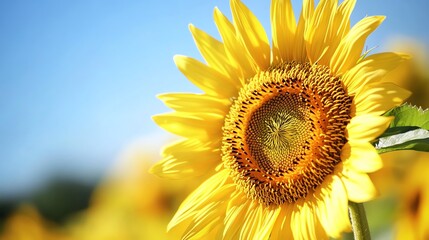 Obraz premium A vibrant sunflower in full bloom, showcasing its bright yellow petals against a clear blue sky, symbolizing summer and vitality.