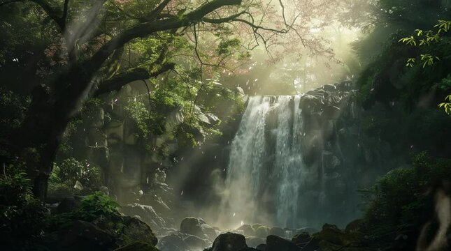 Breathtaking waterfall cascading through a lush forest, illuminated by soft rays of light filtering through the trees, creating a ma Seamless looping 4k time-lapse virtual video animation Generated AI