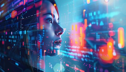 Woman's face merged with digital code and a futuristic cityscape, representing technology, innovation, and the future.
