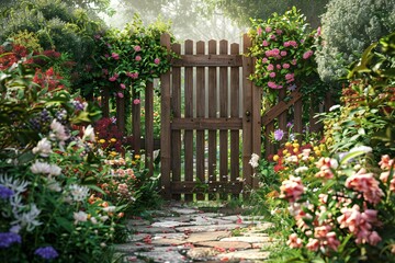 Obraz premium Serene 3D render of a rustic garden gate surrounded by blooming flowers, created by ai