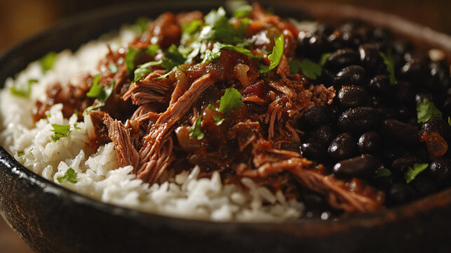 Cuban ropa vieja delicious cuban picadillo with white rice and black beans  - close up