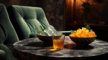 Chilled Ugli fruit sorbet served geometric ceramic bowl minimalist spa lounge gentle background music softly glowing candle promoting serene healthoriented atmosphere Scientific name Citrus reticulata