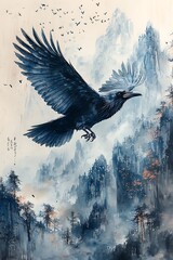 Fototapeta premium Painting raven bird in flight isolated on a mountain