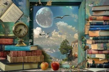 Surreal window to scenic fantasy world with books and vintage decor AI