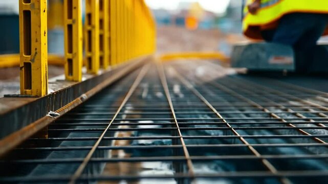 Close up of steel rebar reinforcement mesh for concrete foundation.