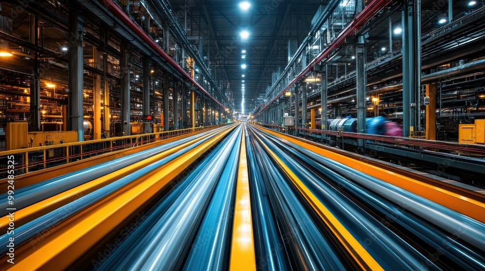 Poster A long exposure shot of a factory with many production lines, showing a sense of speed and efficiency.