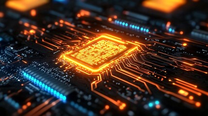 Obraz premium A neon-lit microchip at the heart of a motherboard