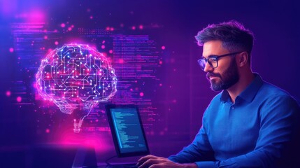 Software developer working on ai brain interface in futuristic workspace