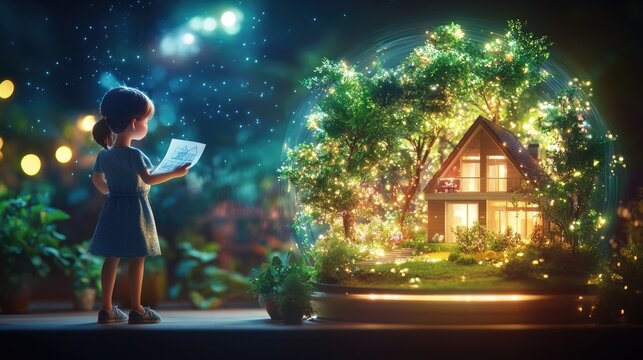 Little girl imagines enchanted house in lush forest under starry night sky