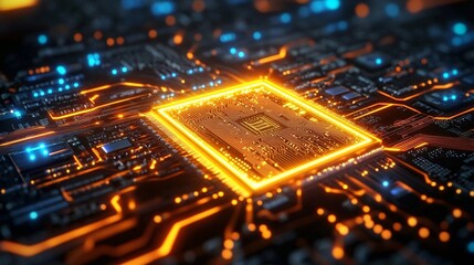 A computer motherboard microchip neon light, creating a techno-futuristic feel