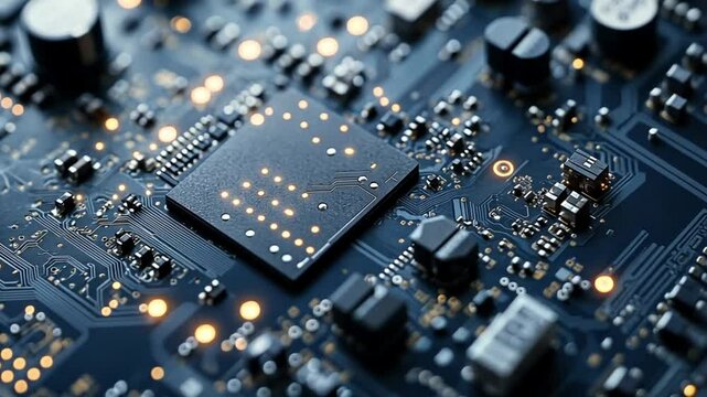 Close-up of a circuit board with glowing lights.