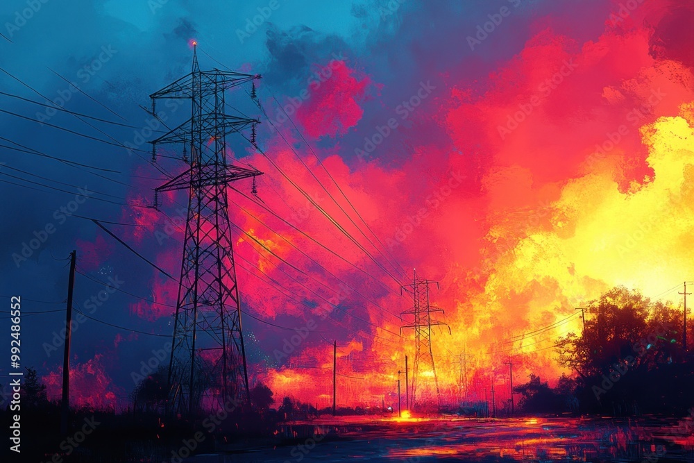 Canvas Prints A vibrant sunset with a dramatic sky painted in hues of red, orange, and yellow, with power lines running through the foreground.