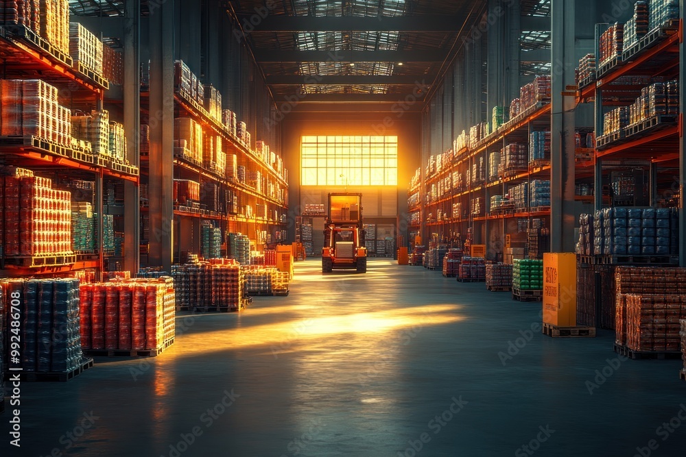 Canvas Prints A large warehouse with rows of shelves filled with boxes, a forklift driving down the center aisle, and sunlight streaming in through a window at the end of the warehouse.