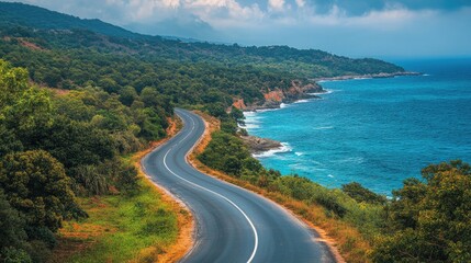 Scenic Coastal Road with Serene Ocean View and Lush Greenery