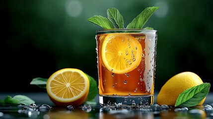 Refreshing Iced Tea with Lemon: A close-up shot of a glass of iced tea garnished with lemon slices and fresh mint leaves, accompanied by additional lemon halves and ice cubes.
