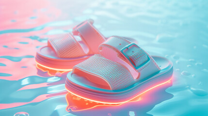 Naklejka premium Captured in dynamic product photography, this sandal boasts a modern aesthetic. The thick sole, a bold feature, balances style and comfort, creating a trendy statement for contemporary fashion.