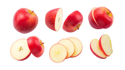 Red apple with slices apple movement collection isolated on white background. Clipping path.