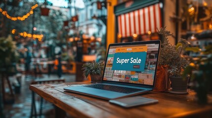 Open Laptop Displaying Super Sale Offer in Cozy Outdoor Cafe Setting