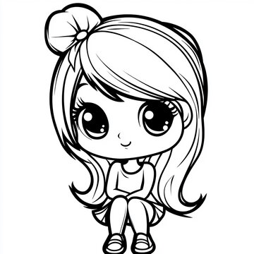 recommend clip art: A line drawing of a cute little girl with large eyes, a bow in her hair, and a skirt.