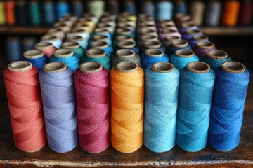 A collection of colorful spools of thread arranged in rows on a wooden table.