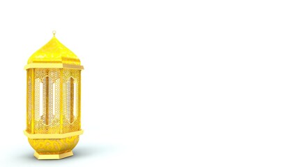 A 3D-rendered golden lantern with intricate details and a classic Islamic design. Its hexagonal shape and delicate patterns evoke a traditional aesthetic, perfect for celebrations like Ramadan or Eid.