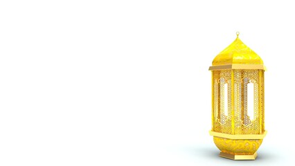 A 3D-rendered golden lantern with intricate details and a classic Islamic design. Its hexagonal shape and delicate patterns evoke a traditional aesthetic, perfect for celebrations like Ramadan or Eid.
