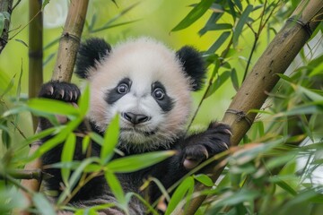 Obraz premium Playful panda cub exploring green bamboo forest AI