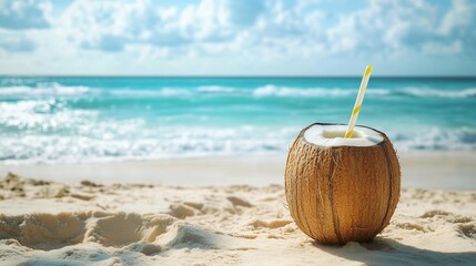 Refreshing Coconut Drink on a Tropical Beach. AI Generated