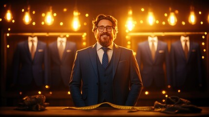 Cheerful tailor in elegant suit surrounded by warm lighting and tailoring tools