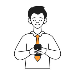 Businessman typing on smartphone line color vector icon. Brunet office employee using chat on mobile phone character illustration on white
