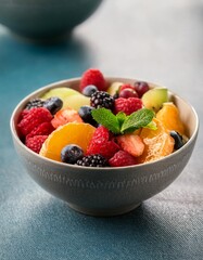 Classic fruit salads with depth of field featuring a mix of fresh berries and citrus slices