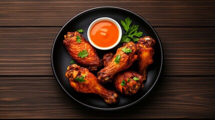 Spicy Chicken Wings on Dark Wood Plate 