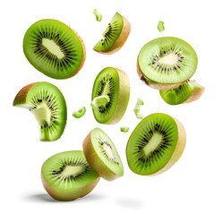 Fototapeta premium slices of fresh kiwi fruit floating on air isolated on white background