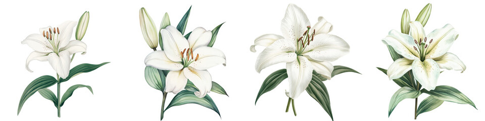 Fototapeta premium Breathtaking white lilies in full bloom displaying their natural elegance and captivating beauty These delicate pristine flowers with lush green foliage create a stunning floral arrangement