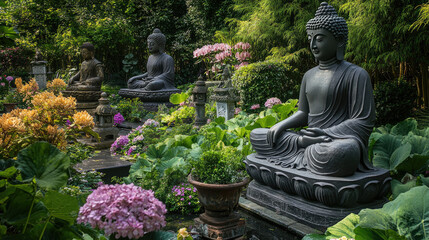 A beautiful garden filled with Buddha statues of various sizes, each surrounded by blooming flowers and lush greenery, promoting serenity and calmness. -