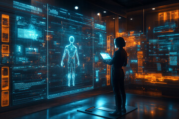 Obraz premium A futuristic office where AI assistants in the form of holograms help employees schedule meetings and manage tasks,