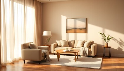 Modern Living Room with Beige Sofa, Coffee Table, and Natural Light