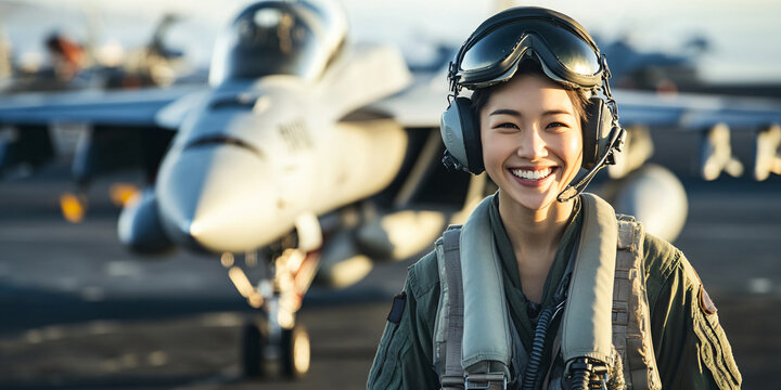 A female fighter pilot in her uniform smiles confidently in front of her jet fighter aircraft. - Powered by Adobe