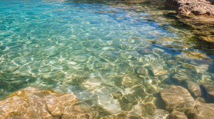 Obraz premium Turquoise water shimmers under sunlight, revealing rocks underneath, creating a tranquil and picturesque coastal atmosphere