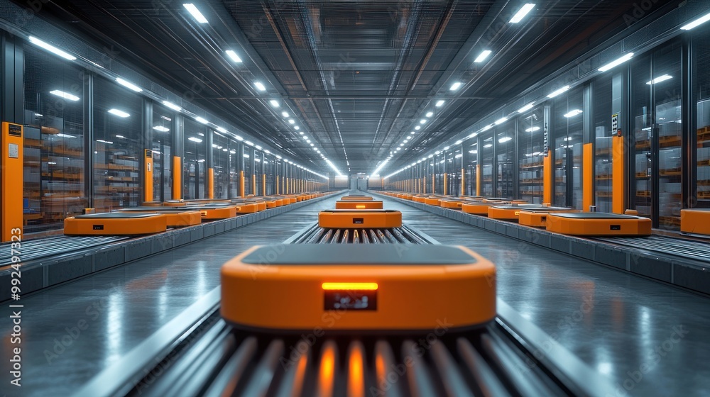 Poster A long, futuristic warehouse with rows of automated guided vehicles (AGVs) transporting goods along conveyor belts.