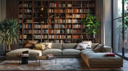 Obraz premium Stylish lounge interior with comfortable sofa and bookshelf AI generated image