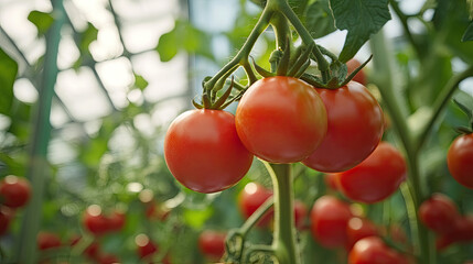 A close-up of ripe tomatoes hanging from their vines in a greenhouse, illustrating modern agricultural practices and fresh produce.