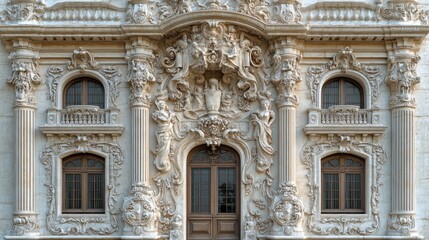 Fototapeta premium Ornate architectural facade with intricate carvings and details.