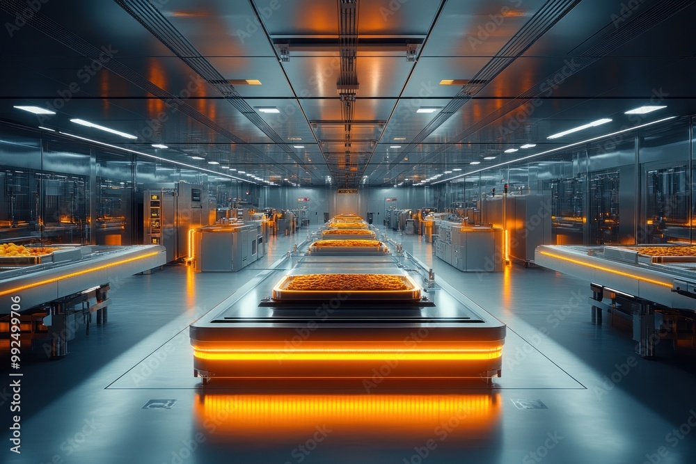 Poster A futuristic, clean, sterile laboratory with glowing orange lights and rows of stainless steel tables.