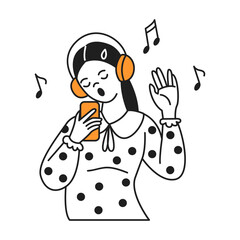 Young woman in headphones singing karaoke using smartphone on white. Cheerful lady rests enjoying favorite music character illustration