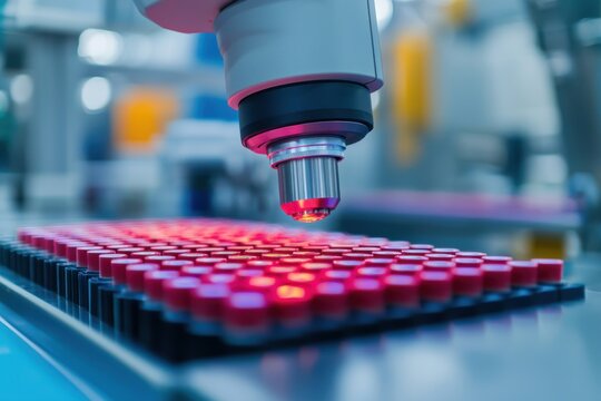 Microscope examining red sample vials.