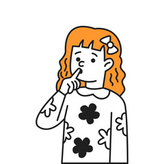 Thoughtful girl with finger on lips color vector line icon. Confused redhead child thinks about problem character doodle illustration on white