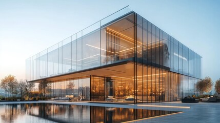 Fototapeta premium Modern glass building with sleek design and serene surroundings.