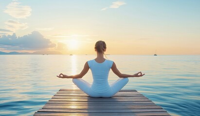 Fototapeta premium Woman meditating during sunrise in front of an ocean