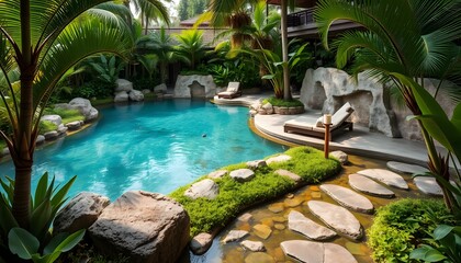 Tropical Pool Oasis with Lush Greenery and Stone Path